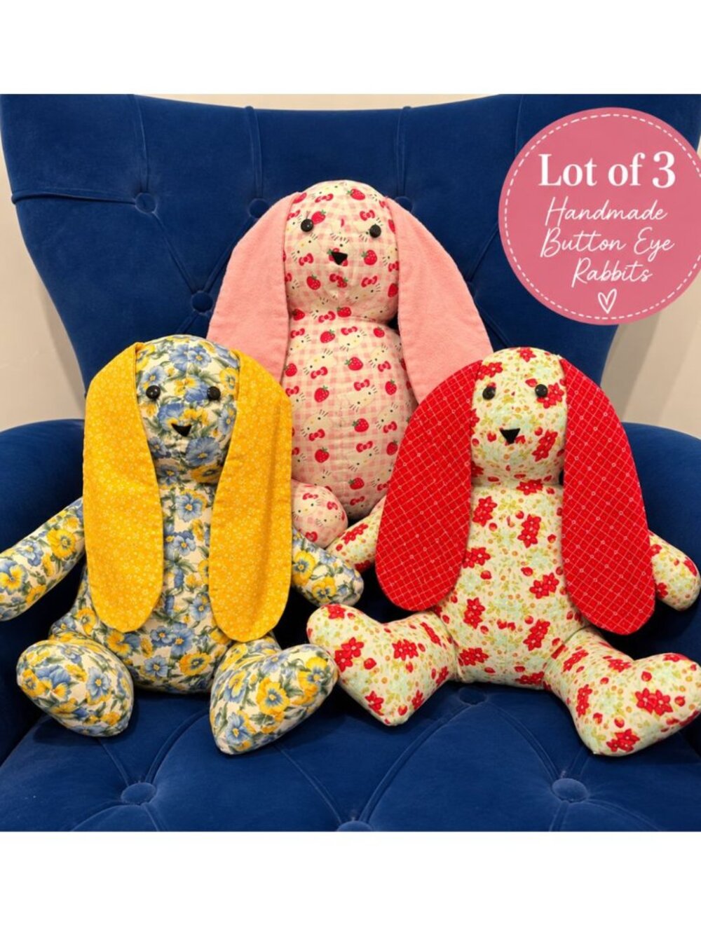 Handmade Bunny Rabbit Plush Lot of 3 15” Weighted Floral Button Eye Decor